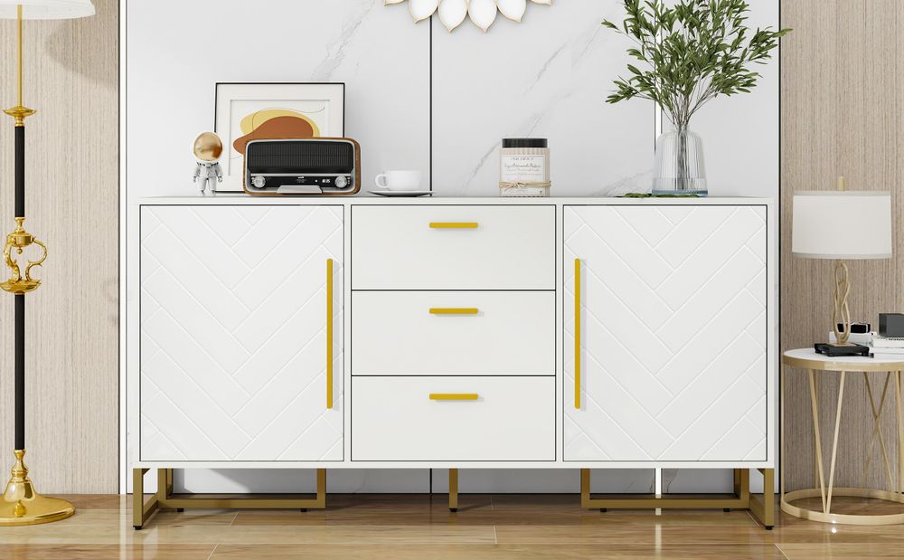 Merax Kommode Sideboard, mit 2 Türen & 3 Schubladen, Verstellbare Einlegeböden, Chevron Design, Esszimmer, Küche & Wohnzimmer, 145 cm, Weiß