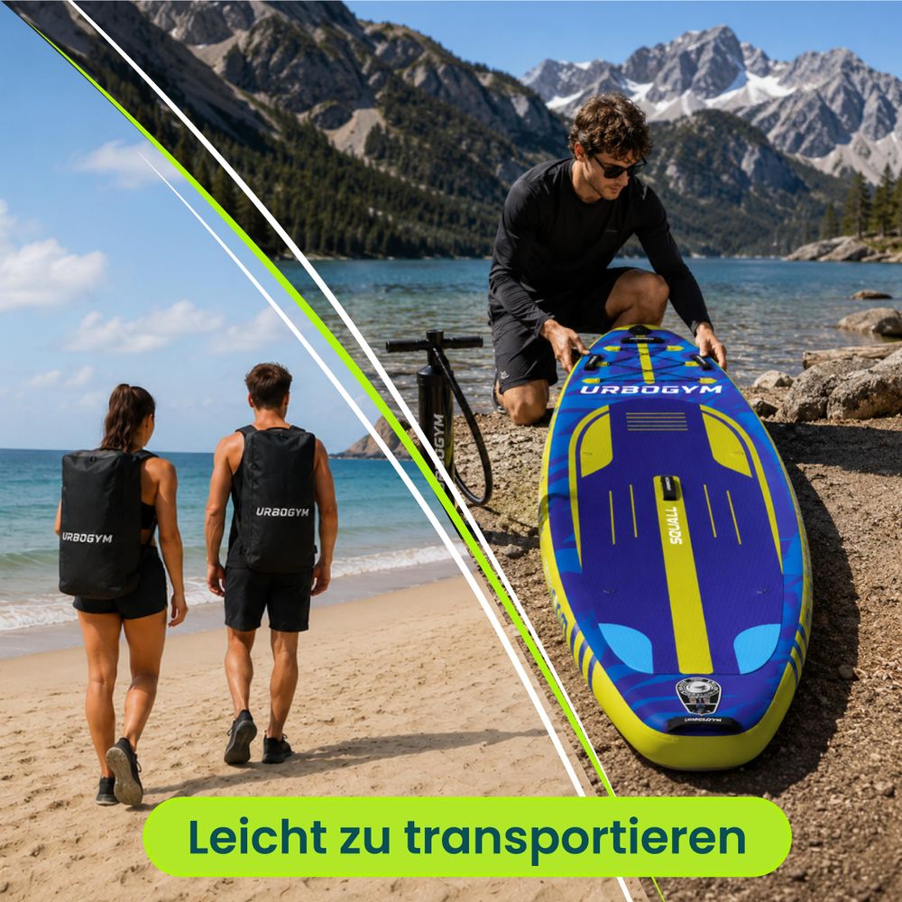 Zusammengerolltes SQUALL 320 SUP-Board mit Zubehör und geräumigem Transport-Rucksack.