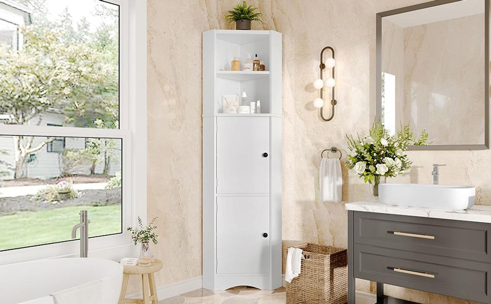 Merax Badezimmerschrank, Dreieckig Badschrank, mit offenen Fächern, Türen, Verstellbar Reagl, Hochschrank Badezimmermöbel, 52x32x155 cm, Weiß