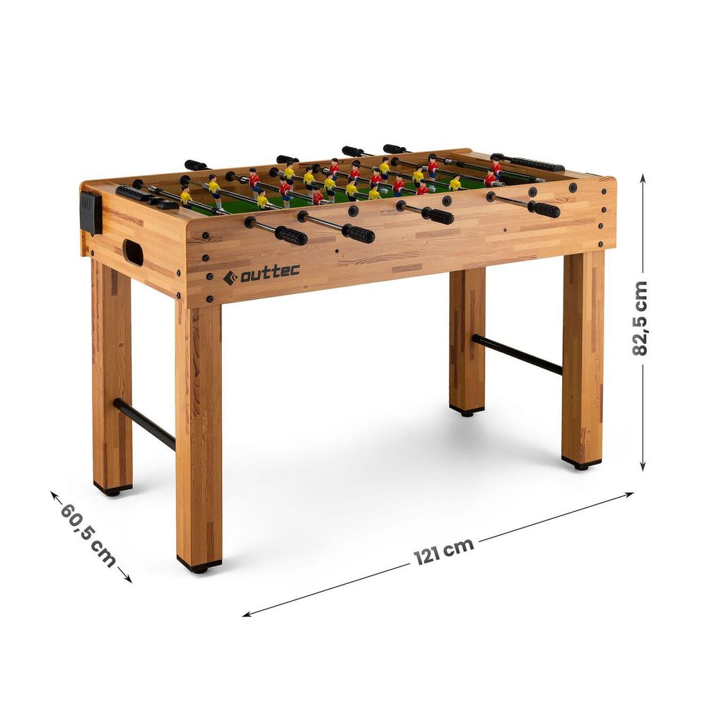 Tischfußballtisch mit den Maßen 121 cm Länge, 60,5 cm Breite und 82,5 cm Höhe