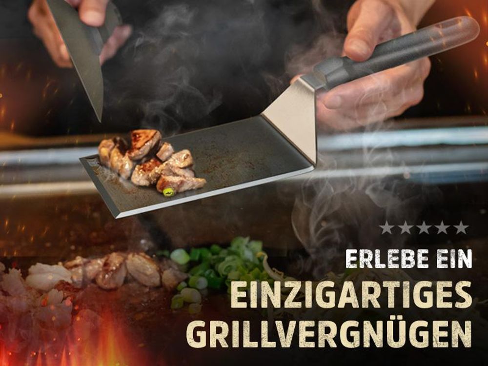 Flammtal Smash Burger Set aus Edelstahl – Hochwertiger Plancha Spachtel inkl. 20x Burgerpapier für Smash Burger – Spachtel für Plancha & Teppanyaki