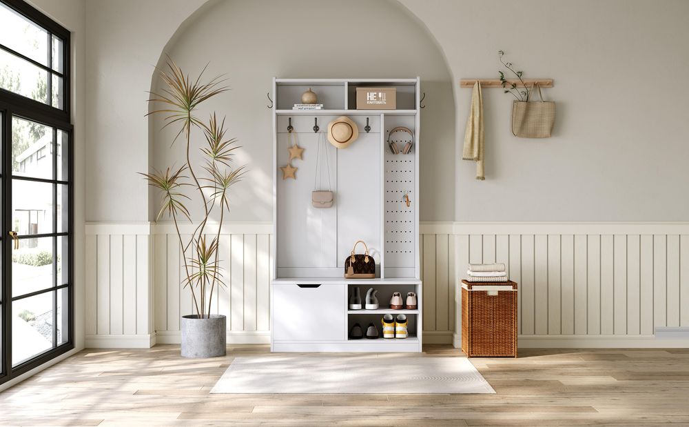 Merax Garderobenständer, Flurgarderobe mit Sitzbank, 1 Klappen, 6 Haken, Stecktafel aus Metall, Fach, Garderobenbank, 100×185.5×40 cm, Weiß