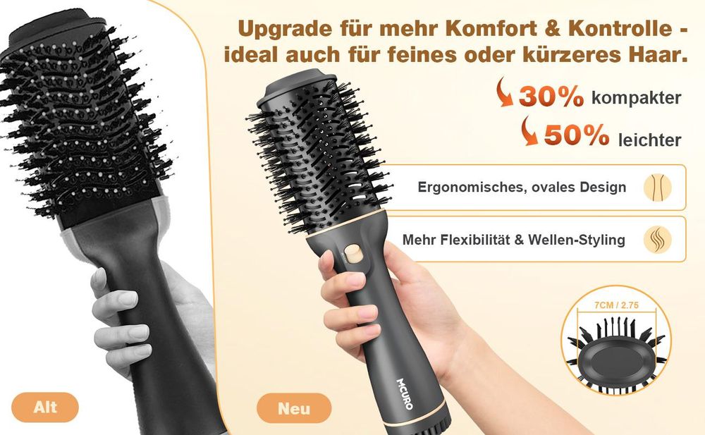 MCURO 3 in 1 Warmluftbürste Ionen, Haartrockner & Volumenbürste 1200 Watt, feuchtigkeitsspeichernde Keramikbeschichtung, 3 Heiz Gebläsestufen, Schwarzgold