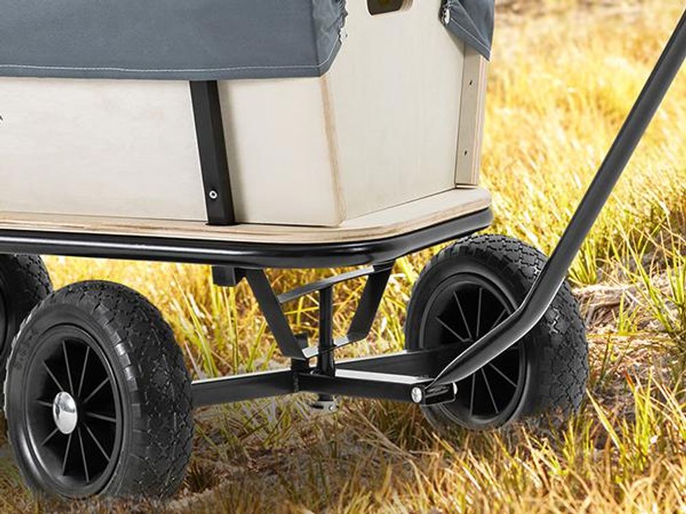Miweba Holz Bollerwagen Canvas | Mit Dach abnehmbar - Handwagen - Gartenwagen - Offroad - Camping - Strand - Robust - Wände abnehmbar (Grau/Holz)