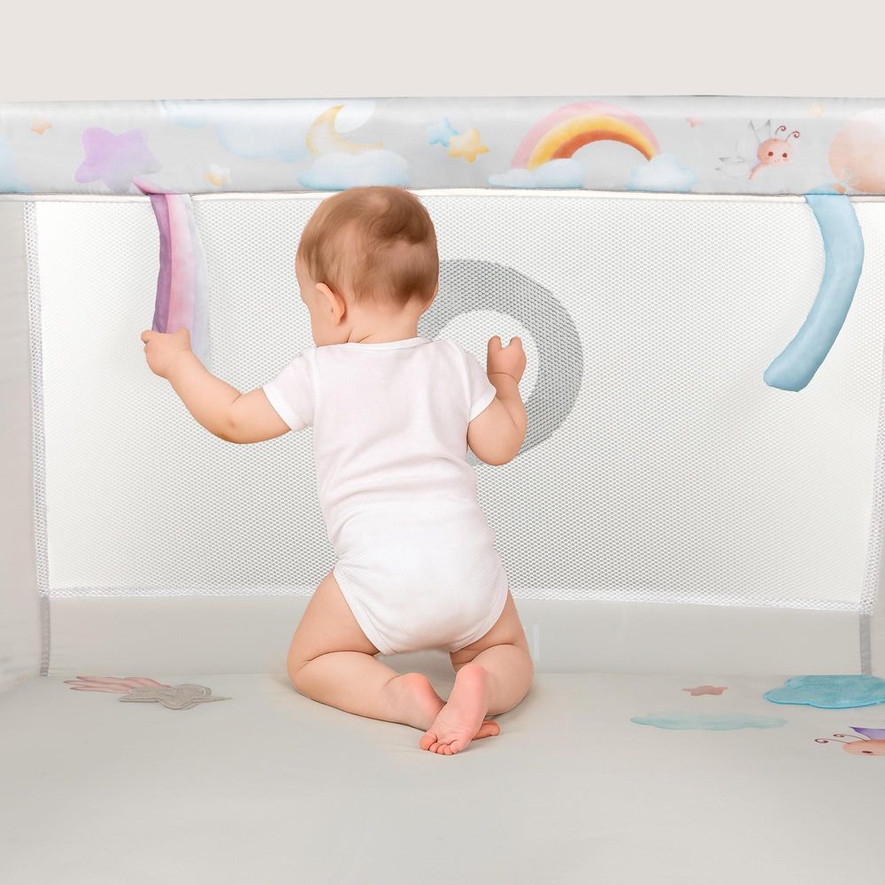 LIONELO Laufgitter Mille Plus bis 15 kg, 6-36 Monate, mit Schaumstoffmatratze, buntem Spielzeugset und praktischer Tragetasche - Beige