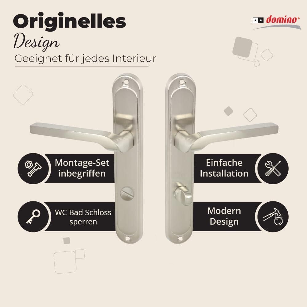 DOMINO Türgriff 78 Drückergarnitur WC - Badezimmer Set | Links & Rechts Türbeschlag für WC/Badezimmertüren | L-Form | aus Aluminium | Nickel | NEMO M9