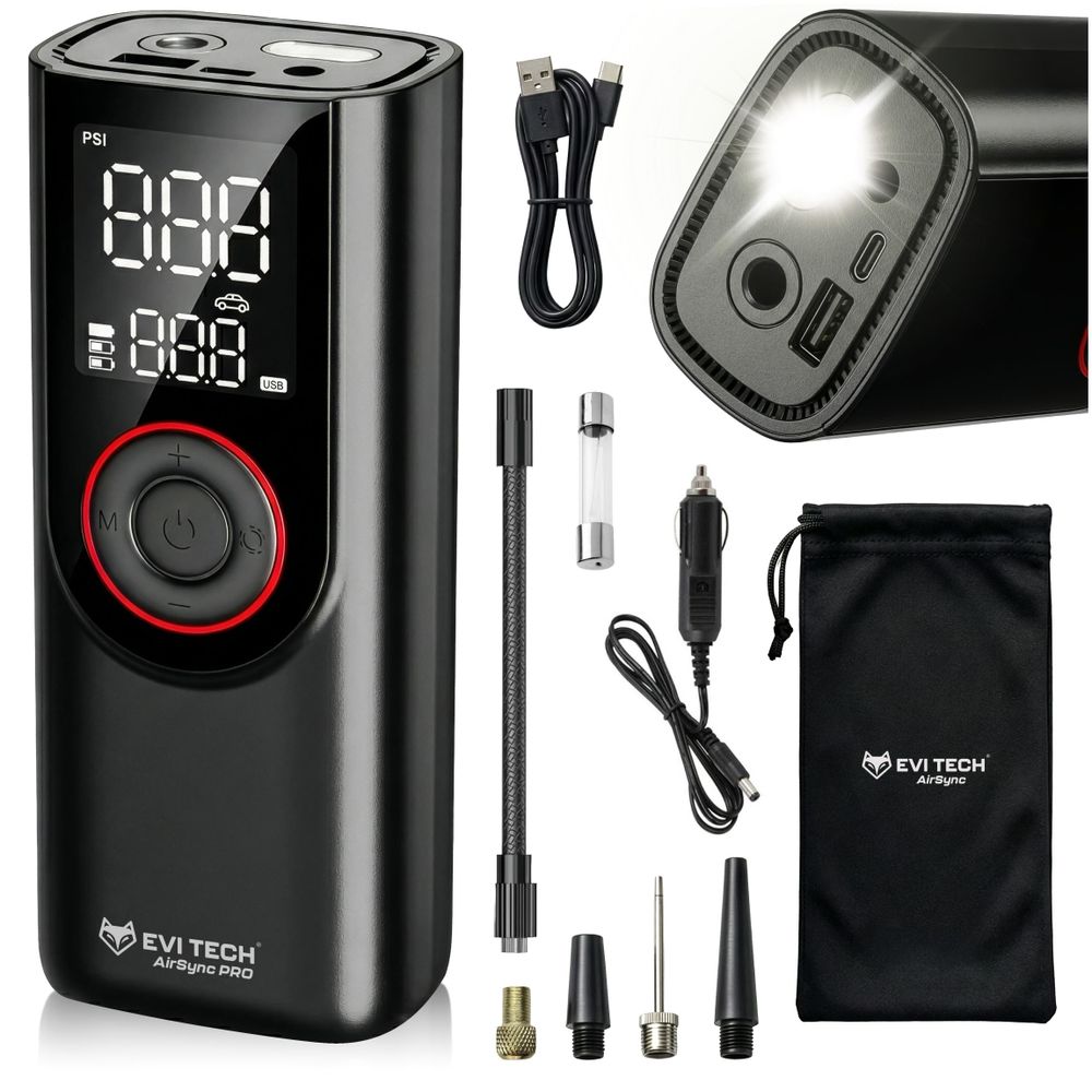 EVI TECH AirSync PRO Akku Kompressor 12 Bar Elektrische Luftpumpe 7500mAh Powerbank USB-C + 12V Kfz-Kabel für Auto Motorrad Fahrrad Tragbar Schwarz