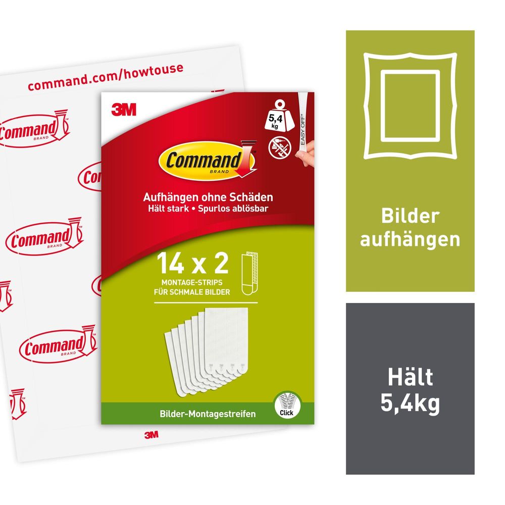 Command Bilder-Montage-Strips Schmal, Weiß – 14 Paare (28 Strips), bis 5 kg