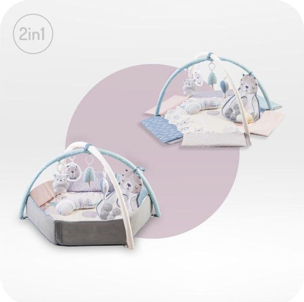 MoMi PASTEL Lernmatte Baby Matte - 5 Spielzeuge mit 30 sensorischen Bällen, 2 Spielzeugstangen, Sensorische Aktivitätsmatte