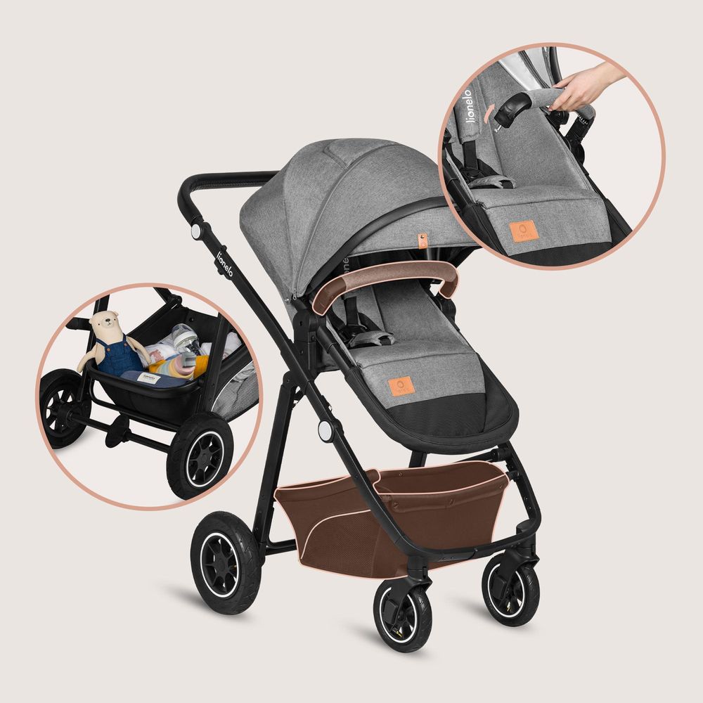 Lionelo Bianka 3in1 Kinderwagen, Autotransporter, Autositz, klappbar, Travel System Rückenlehne verstellbar 360o Räder Polsterung, Verdeck XXL-Grau