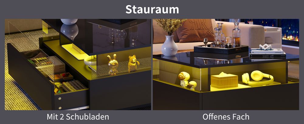 okwish Couchtisch LED-Hochglanz Beistelltisch für Schlafzimmer, Wohnzimmertische mit Stauraum fürs Wohnzimmer, Beistelltisch mit 2 SchubladenSchwarz