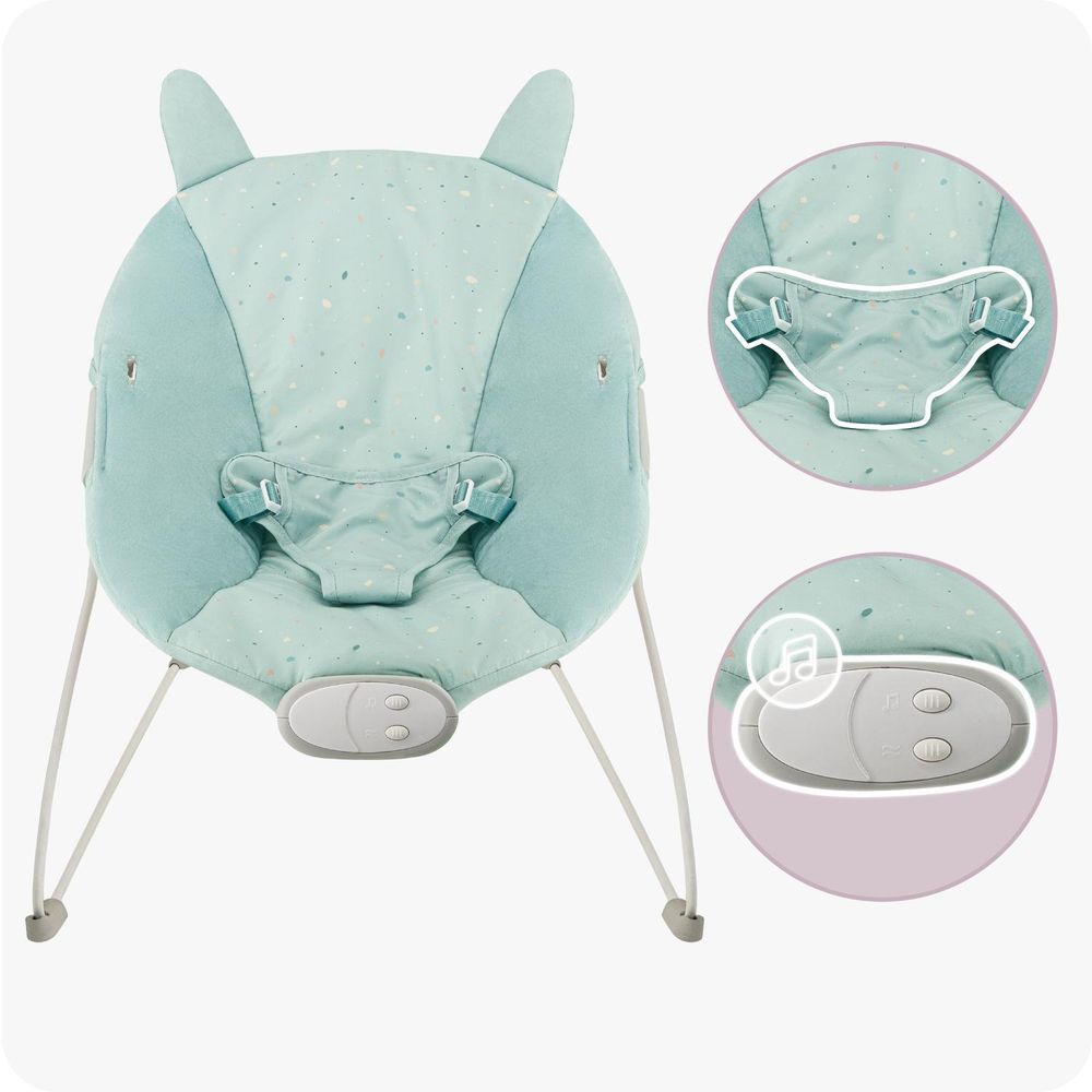 MoMi GLOSSY Babywippe mit 8 Melodien, 3 Vibrationsstufen, Spielzeug-Stirnband – bis 9 kg - MINT
