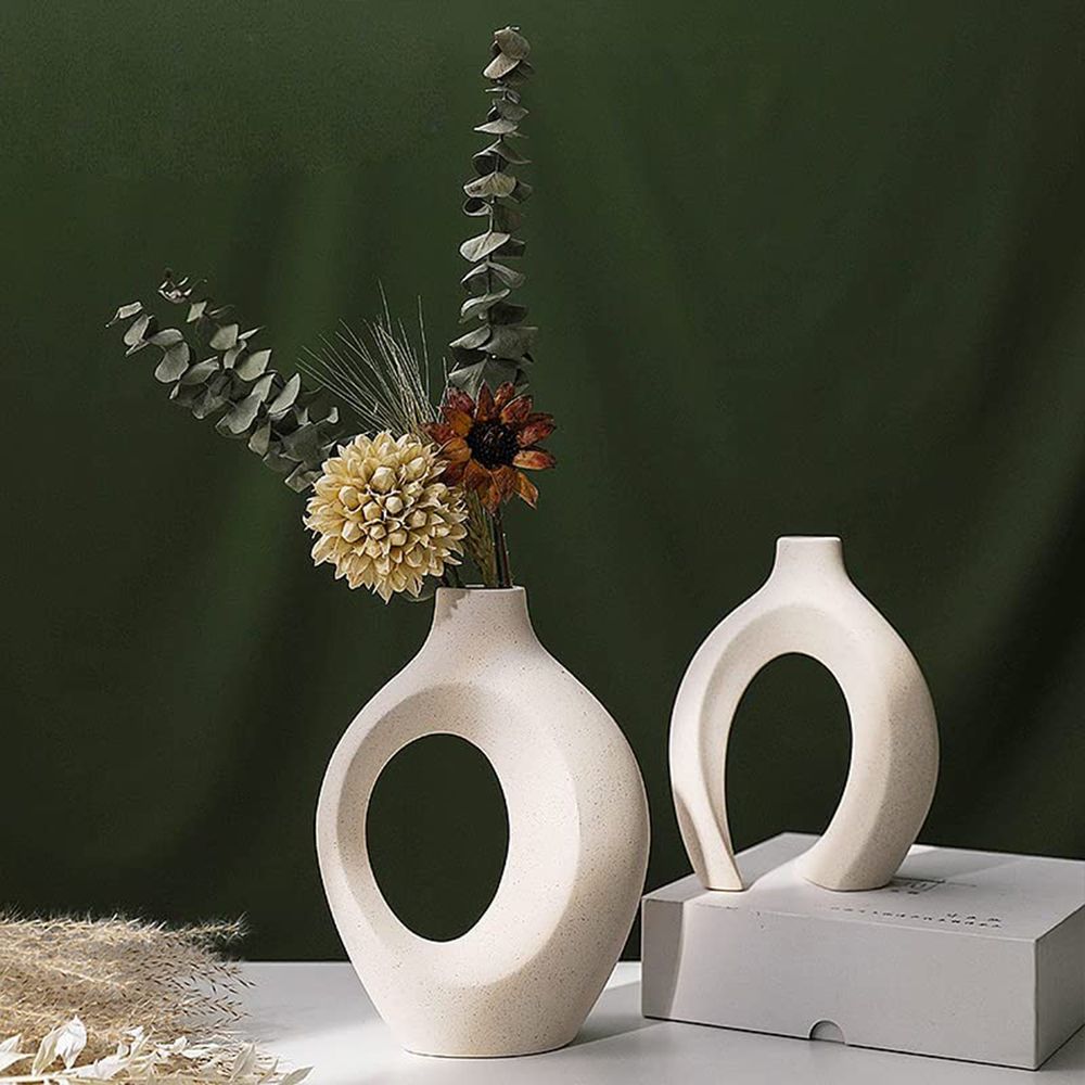 Keramik Vase Weiß Matt, 2er Set Keramik Vase Für Pampasgras, Vase Mit Loch Weiss Boho Zur Lagerung Von Trockenblumen& Frische Blumen, Blumenvase Deko