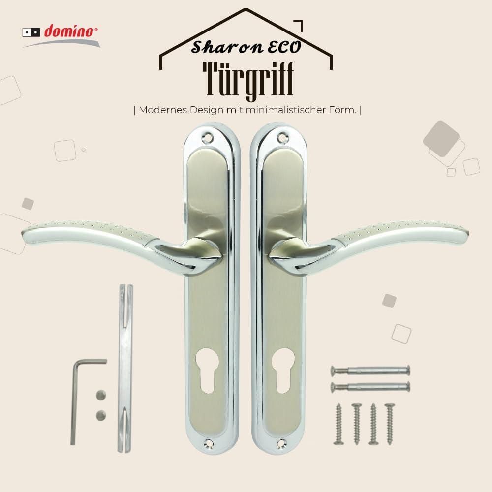 DOMINO Türgriff 72 Drückergarnitur PZ - Profilzylinder Set | Türklinke für Zimmertür, Bürotür, Kellertür & Innentür | L-Form | Türbeschläge aus Aluminiuml | Chrom/Nickel Türdrückergarnitur | SHARON ECO M6/M9