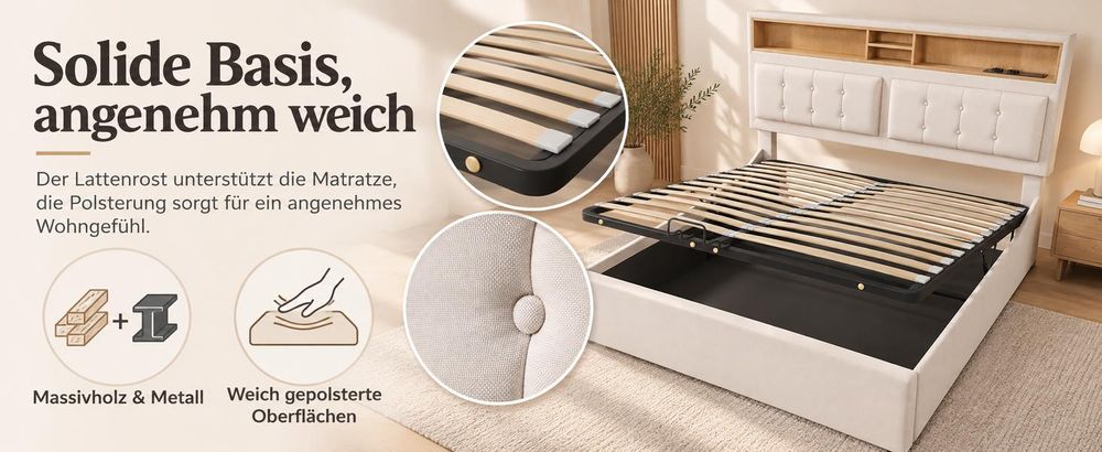 okwish Polsterbett 160×200 mit verstellbarem Kopfteil und Stauraum,Doppelbett mit USB-und Typ-C-Anschlüssen,Beige,ohne Matratze