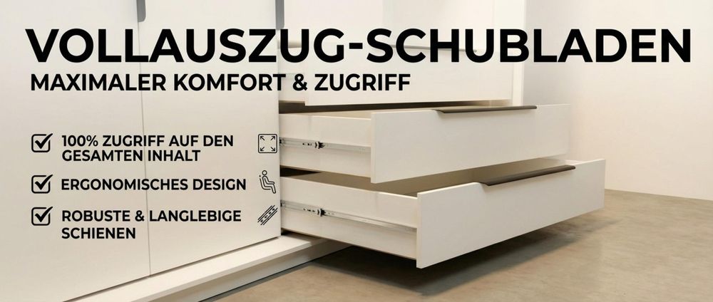 Geräumiger vier-türiger Kleiderschrank KLARI mit Schubladen und Metallgriffen – modernes Design