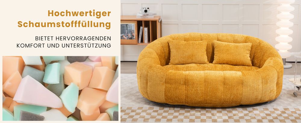okwish Schlafsofa Sitzsack mit 2 Kissen，Relaxsessel mit dicke Polsterung，Ecksofa ，Extrabreit Lazy Sofa für Erwachsene & Kinder，Chenille-stoff，Gelb