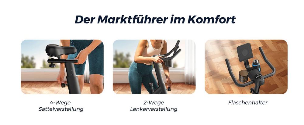 Leises Heimtrainer Fahrrad LED-Monitor, Bluetooth & App, verstellbarer Sitz & Widerstand, Tablet- & Flaschenhalter, bis 136 kg, Fitnessbike Zuhause