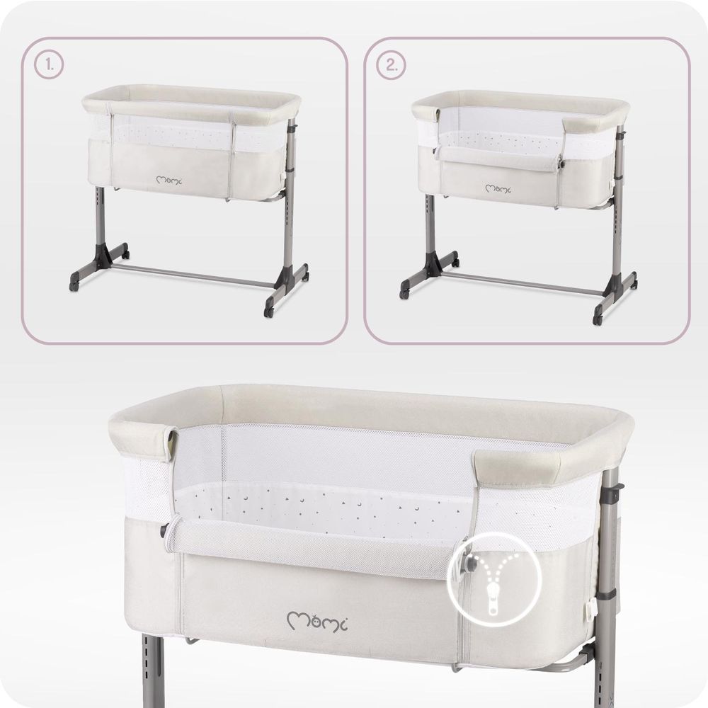 MoMi REVO – 2-in-1 Beistellbett & Babybett, höhenverstellbar mit Neigungsverstellung, inkl. Matratze, Spielzeug & Moskitonetz – Hellgrau