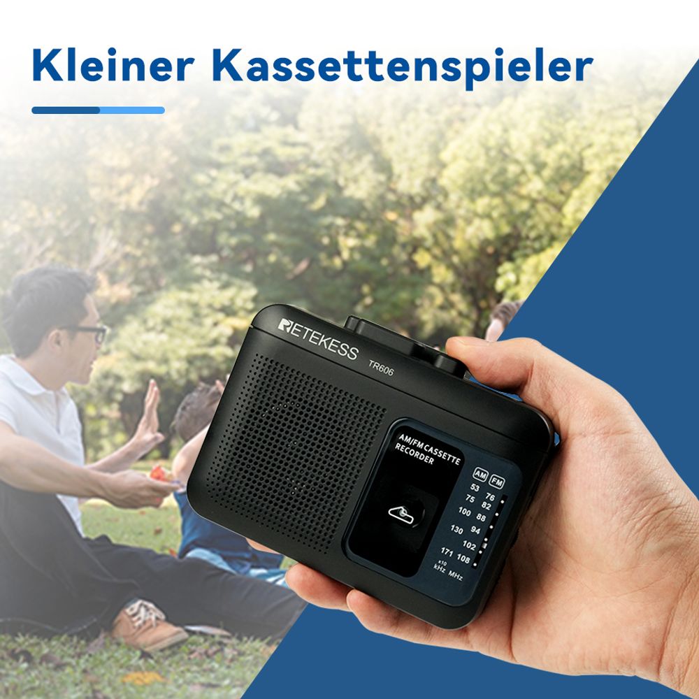 Retekess TR606 Tragbarer Kassettenspieler, FM-AM-Radio, Walkman-Kassettenrekorder, 3,5-mm-Kopfhöreranschluss, spielt alte Kassetten ab (schwarz)
