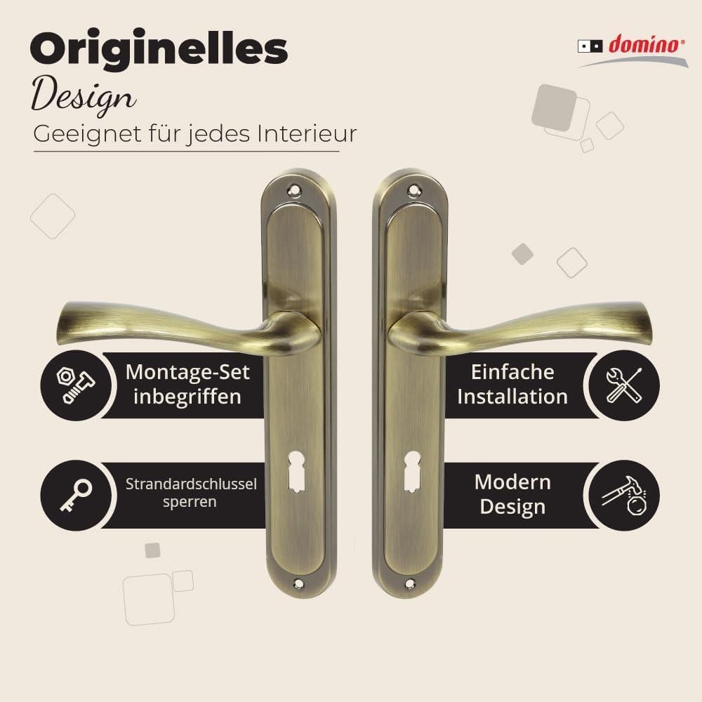 DOMINO Türgriff 72 Drückergarnitur BB-Buntbart | Langschildgarnitur  | Zimmertür, Bürotür, Kellertür & Innentür | L-Form | Aluminium | Bronze | FLY M3