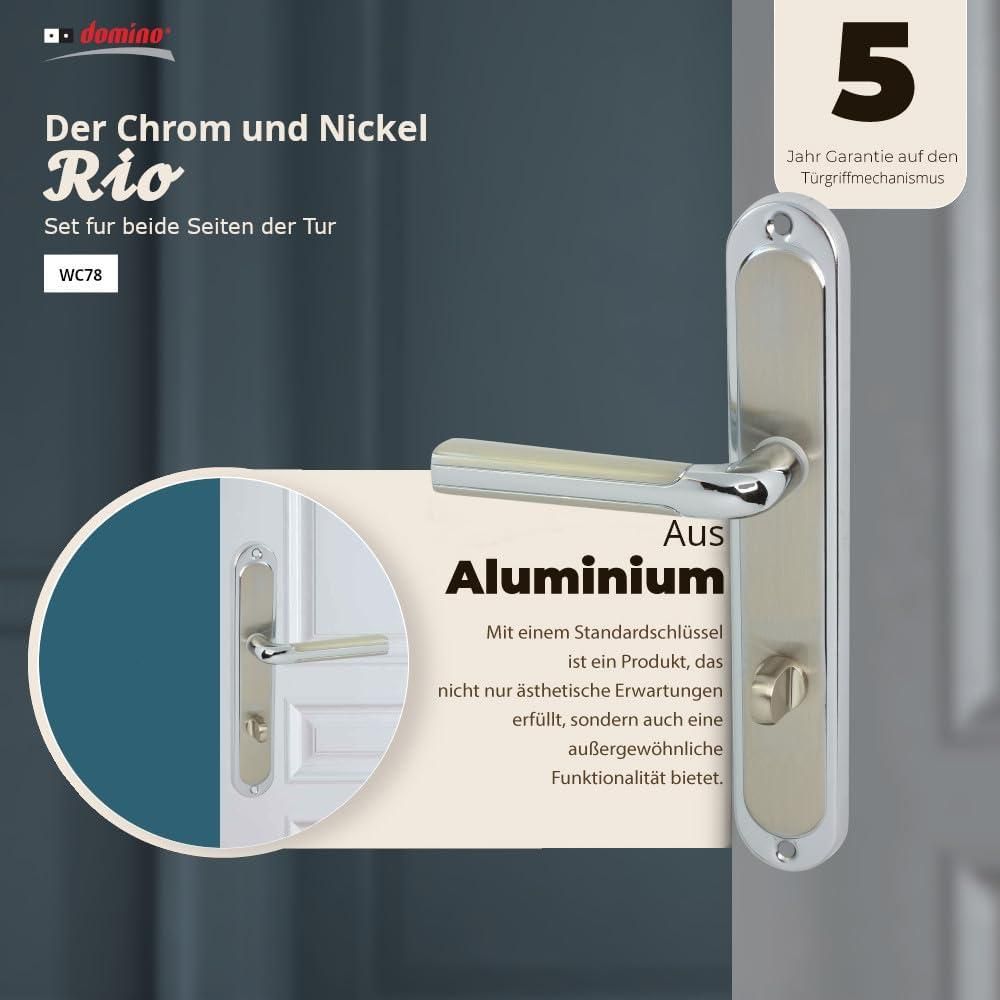DOMINO Türgriff 78 Drückergarnitur WC - Badezimmer Set | Links & Rechts Türbeschlag für WC/Badezimmertüren | L-Form | Aluminium | Silber | RIO M6/M9 |