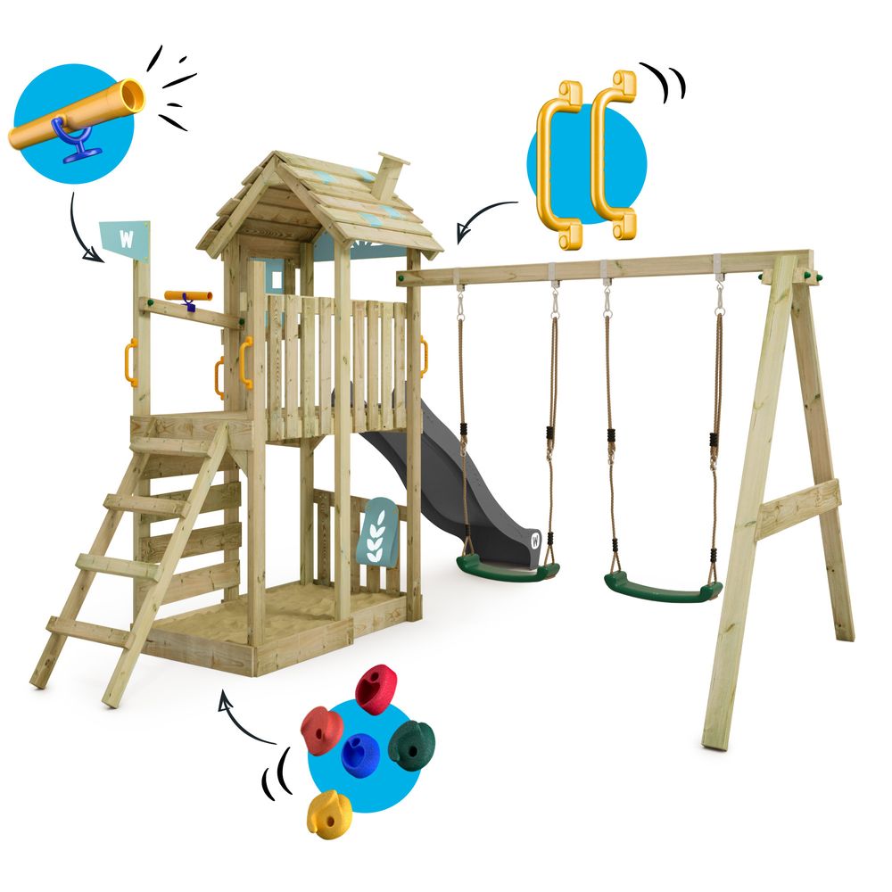 Spielturm Wickey FarmFlyer mit Rutsche im Bauernhofdesign in Himmelblau