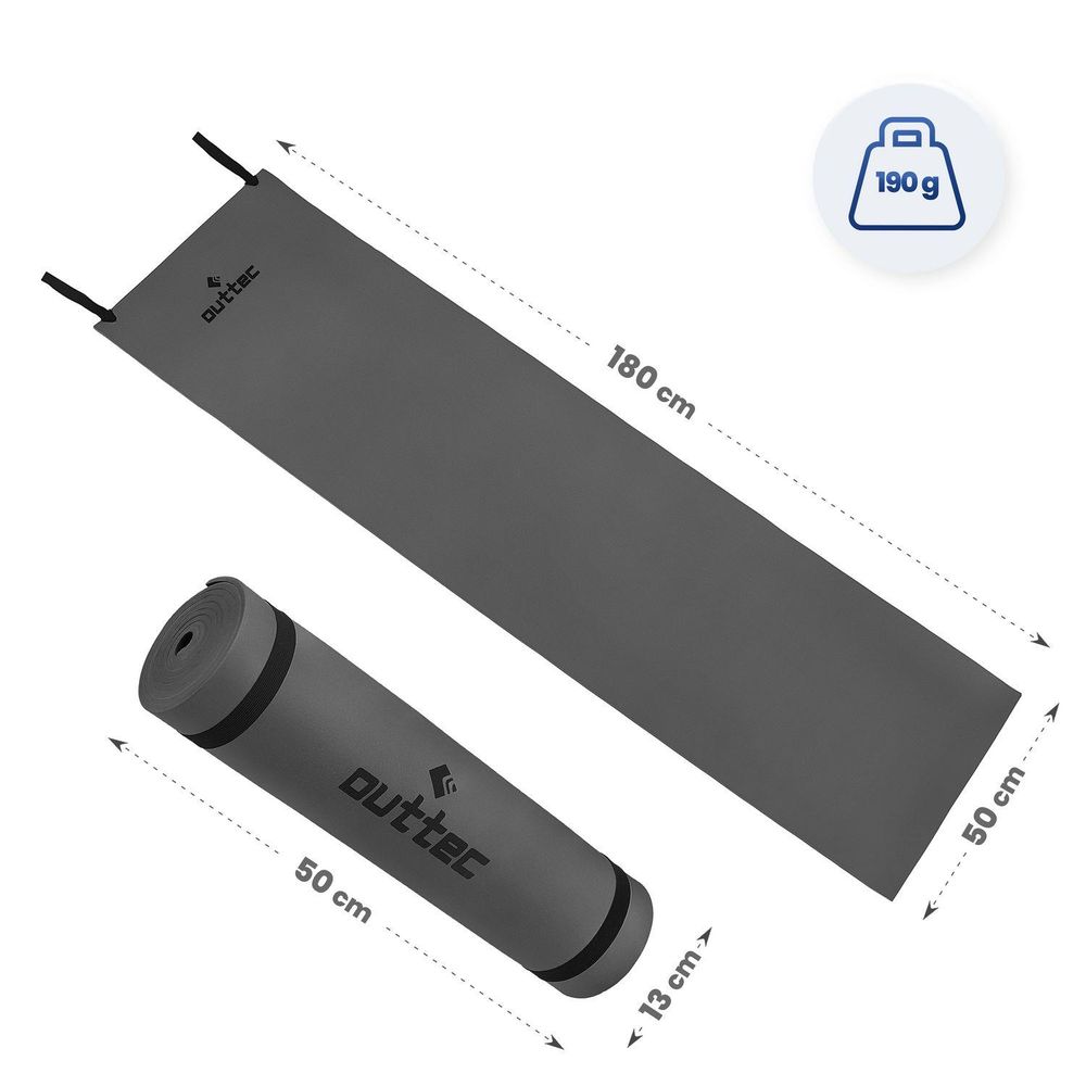 Outtec Isomatte: ausgerollt (180x50 cm, 190 g) und gerollt (50x13 cm)