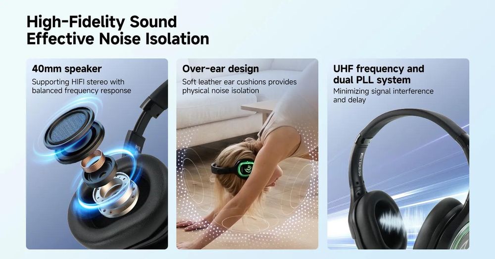 Retekess TA004 Słuchawki na silent disco, bezprzewodowe słuchawki, 200M, jakość dźwięku HIFI, 20 słuchawek, zestaw słuchawkowy na Zajęcia jogi imprezy