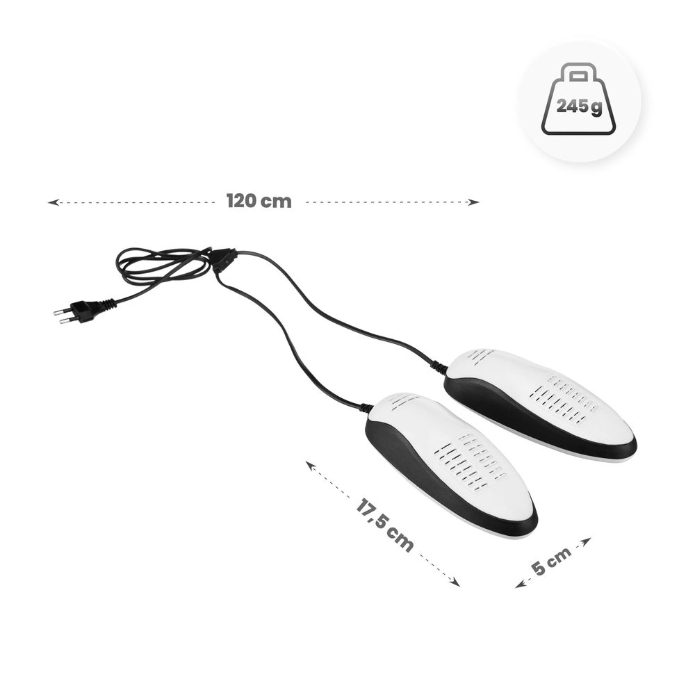 Schuhtrockner mit Abmessungen: 17,5 cm Länge, 5 cm Breite, 120 cm Kabel, 245 g Gewicht.