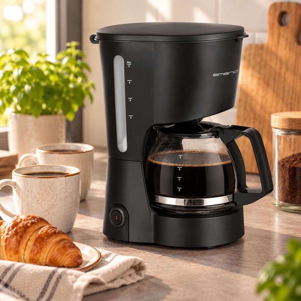 Filterkaffeemaschine mit Glaskanne und frischem Kaffee auf einer gemütlichen Küchenarbeitsplatte.