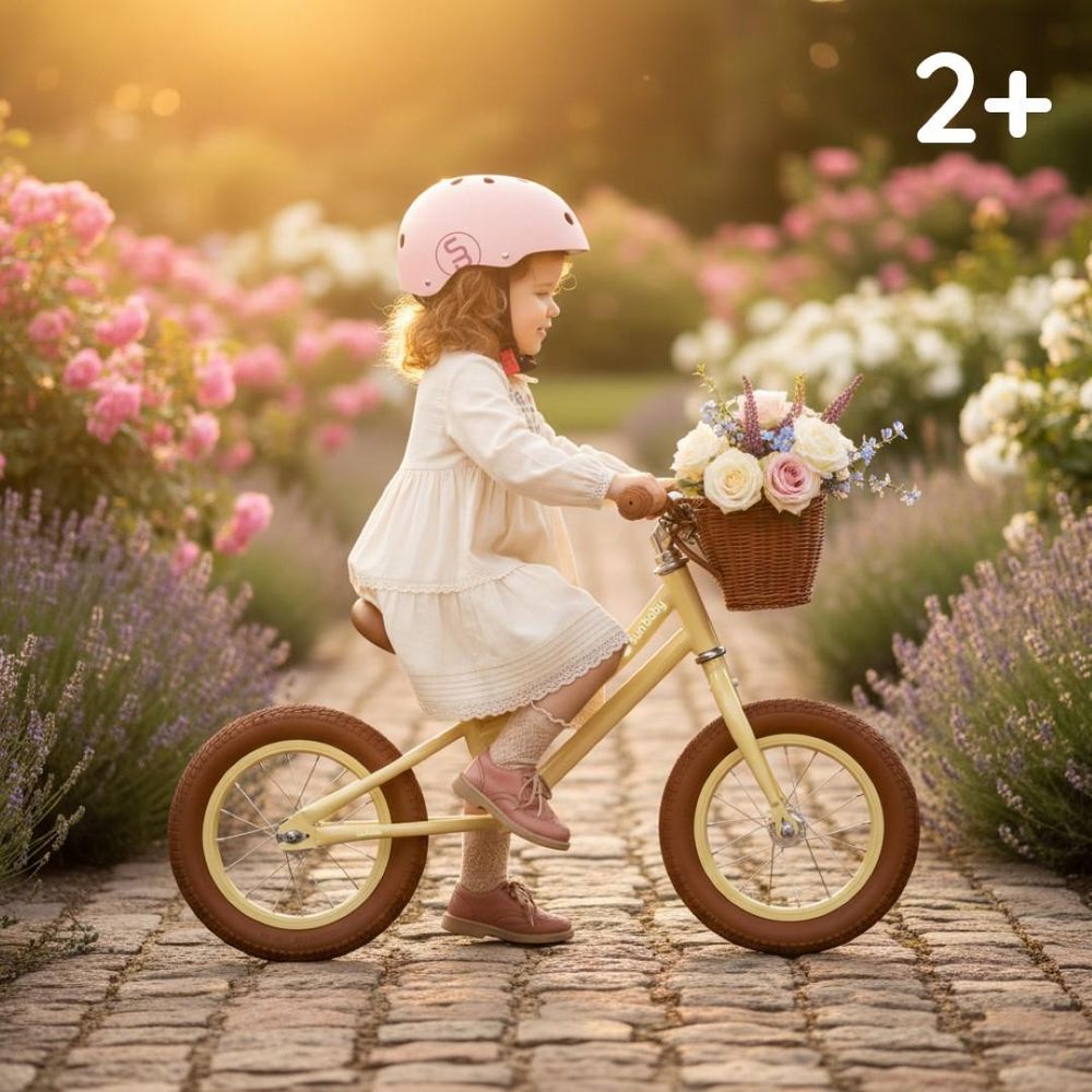 Klein kind rijdt op de Sun Baby loopfiets met helm, zijaanzicht.