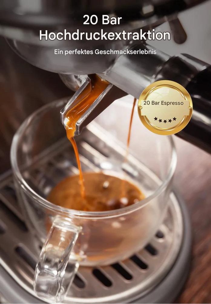 HiBREW H10B Espressomaschine, 20 Bar Druck, Einstellbare Temperatur und Tassenmenge, 51 mm Griff, 1,3 L Wassertank, Silber