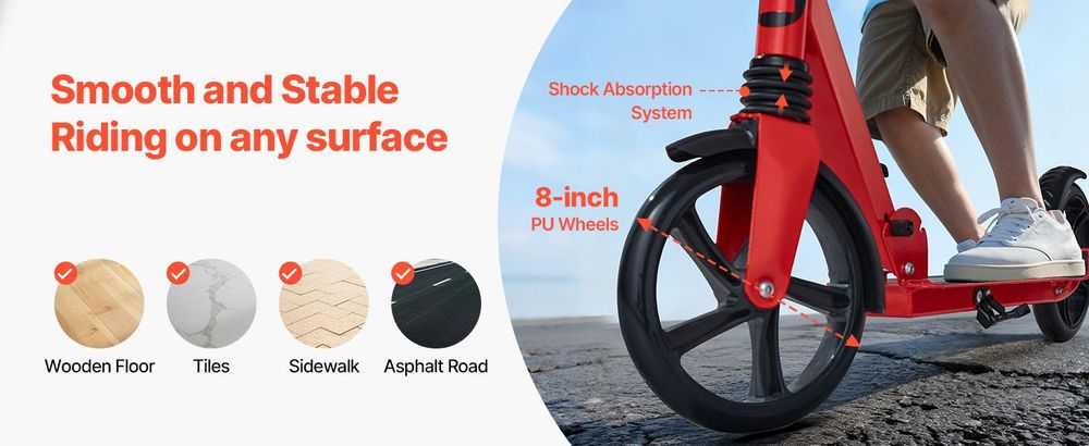 VEVOR Scooter (2 Räder) für Kinder ab 8 Jahren, Cityroller Kinderroller Straßenroller mit höhenverstellbarem Lenker & rutschfestem Deck, faltbarer Tretroller bis zu 100 kg, Schwarz + Rot