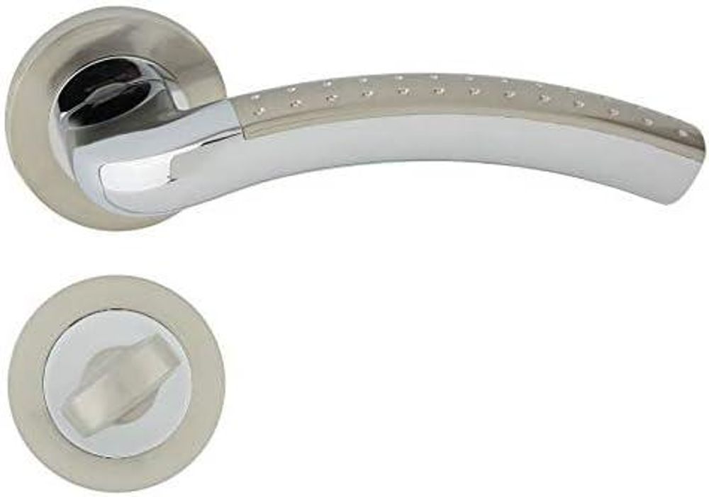 DOMINO Türgriff Drückergarnitur WC - Badezimmer Set | Rund-Rosette | Türbeschlag für Badezimmertüren | Set WC - Rosetten-Garnitur | Türklinke aus Aluminium | Chrom/Nickel Türdrückergarnitur | SHARON-R M6/M9
