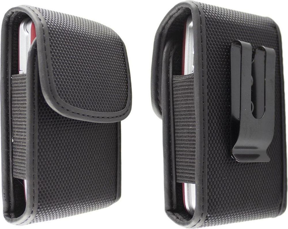 Hochwertige Nylon-Schutztasche für Swisstone Telefone, universell, mit Klettverschluss, Metall-Gürtelclip & Gummizug, Farbe schwarz – Frontalansicht