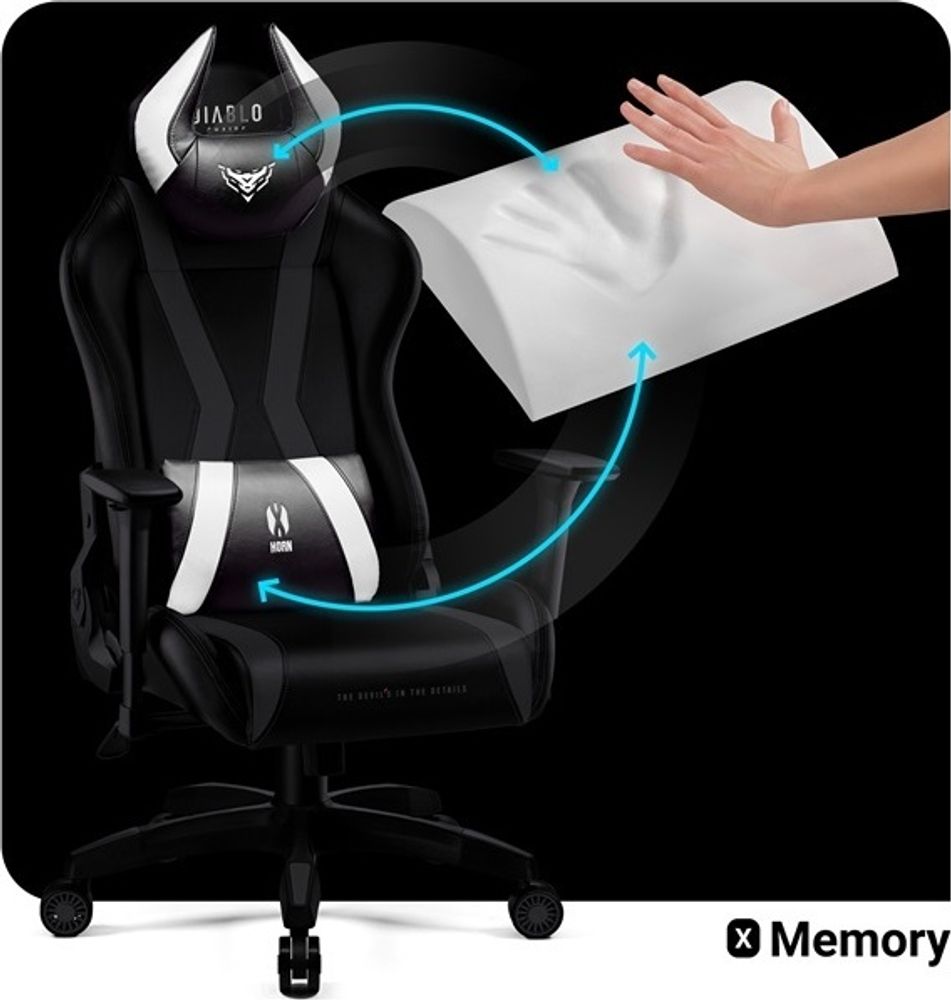 Diablo X-Horn Gaming Stuhl Bürostuhl Schreibtischstuhl 3D Armlehnen Ergonomisches Design Nacken/- Lendenkissen Kunstleder Wippfunktion, Farbe: Schwarz-Weiß, Größe King