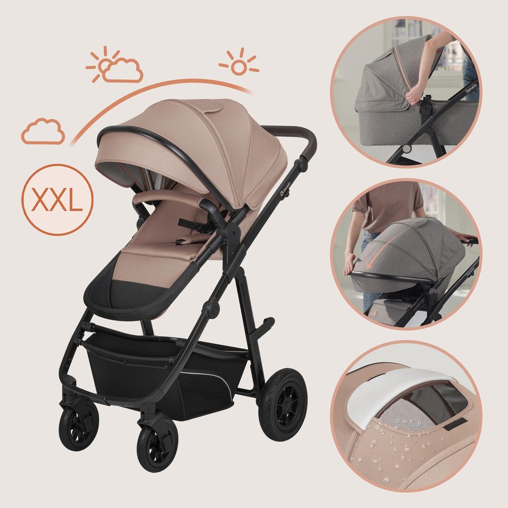 Lionelo Bianka 3in1 Kinderwagen, Autotransporter, Autositz, klappbar, Travel System Rückenlehne verstellbar 360o Räder Polsterung, Verdeck XXL-Beige