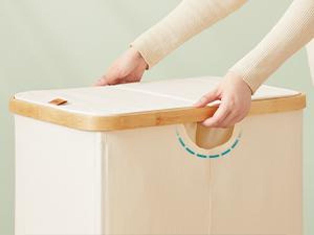 Wäschekorb 2 Fächer, Wäschesammler 150 Liter, Wäschesortierer mit Deckel, weiß-beige