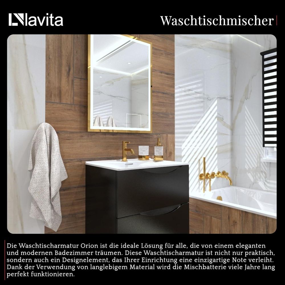 LAVITA Waschtischarmatur  - Orion Brushed Gold | Wasserhahn  | Mischbatterie für Waschbecken | Waschtisch-Armaturen Badezimmer | Einhand-Waschtischbatterie