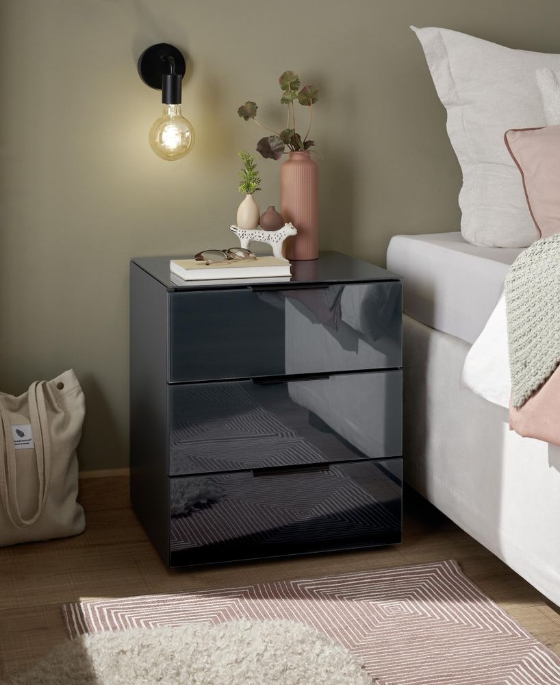 Pari Nachtkommode in Graphit – stilvolle Kommode mit Glasfronten und 3 Schubladen