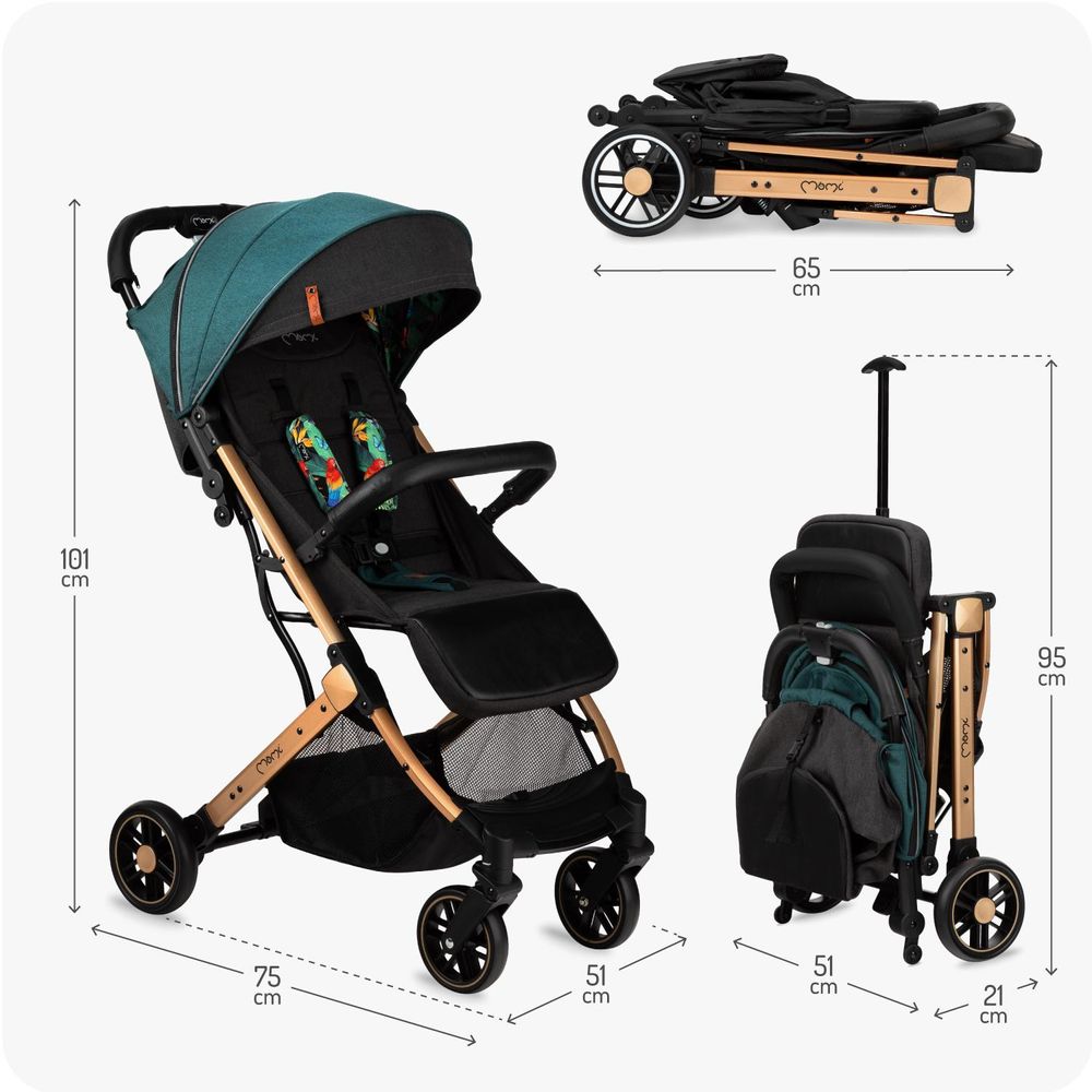 MoMi ESTELLE – Ultraleichter Baby Kompaktbuggy 7,7 kg mit Einhand-Faltung, Trolley-Funktion & Liegeposition, ideal für Reisen – Grün/Gold