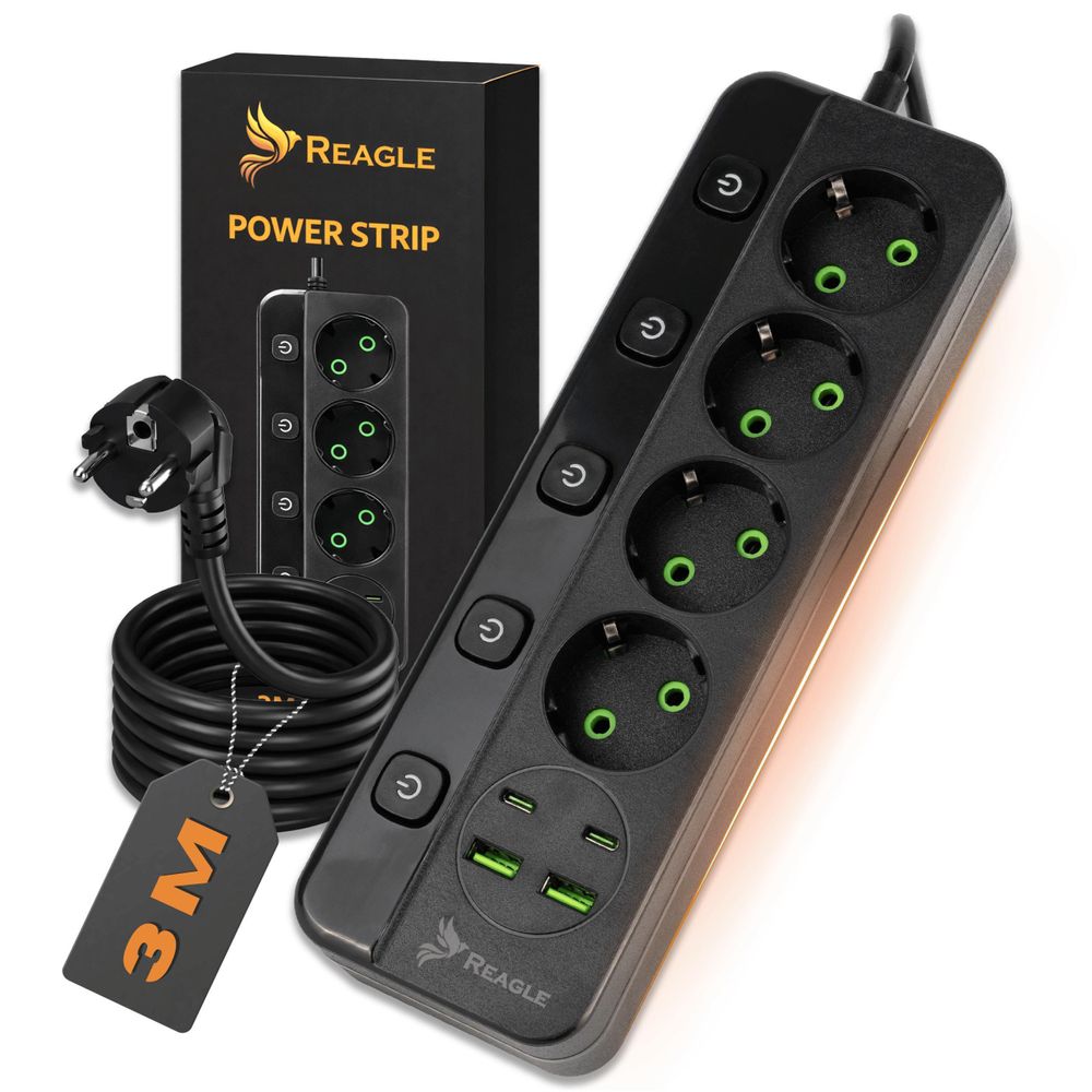 REAGLE Steckdosenleiste 3 m mit Überspannungsschutz, 4 Steckdosen, 2x USB, 2x USB-C, Mehrfachstecker mit Verlängerungskabel für Büro und Zuhause