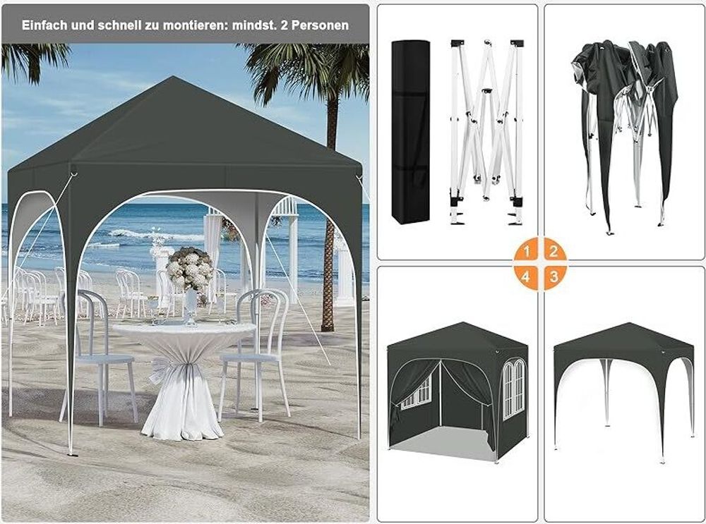 WOLTU Pavillon, Faltpavillon 2x2 m, mit 4 Seitenwänden, Partyzelt höhenverstellbar, Grau