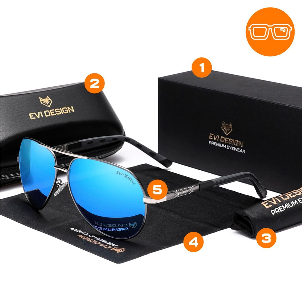 Aviator Sonnenbrille Herren Polarisiert UV400, Blaue Gläser Pilotenbrille verspiegelt, Metallrahmen inkl. Etui & Zubehör-Set, EVI DESIGN Blue