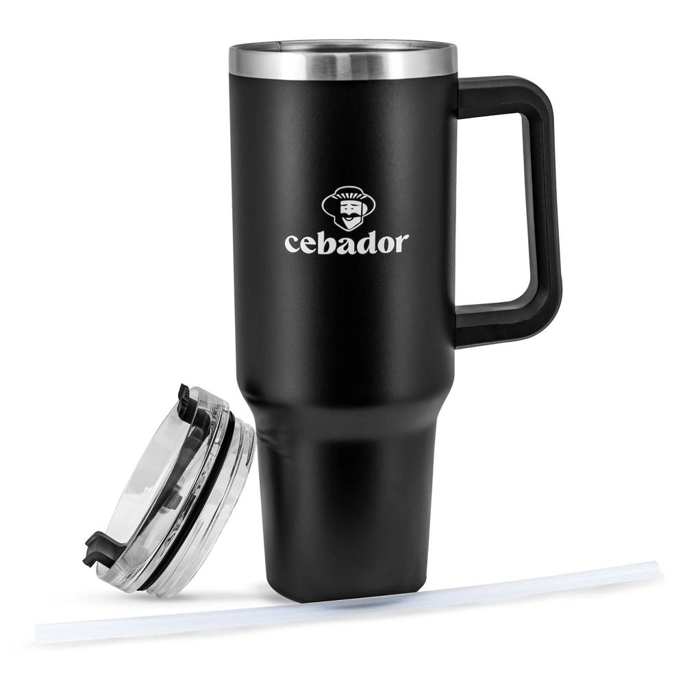 Cebador - Thermobecher mit Strohhalm Flow XXL 1200ml  –  Edelstahl Trinkbecher, Schwarz – Großer Kaffeebecher für Auto, Büro, Alltag