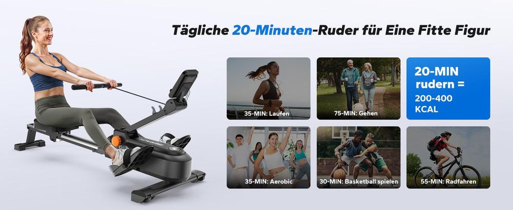 Magnetisches Rudergerät im Hai-Design – 16 Stufen, LCD & Bluetooth, extra leises Bremssystem, interaktive App & Kinomap-Kompatibilität, klappbar