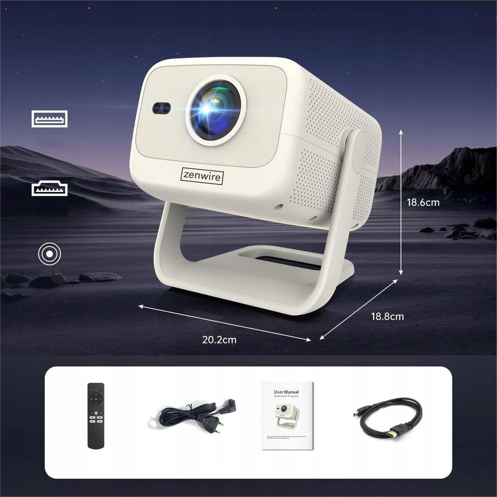 Projektor ZENWIRE so systémom Android, WiFi, Bluetooth, Full HD, podpora 4K, 12000 lumenov, automatické zaostrovanie, prenosný, mini projektor pre domáce kino a kanceláriu "H8"