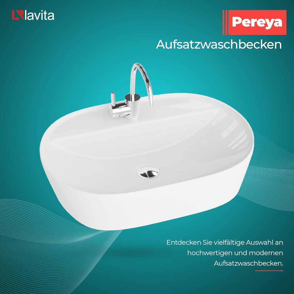 LAVITA Aufsatzwaschtisch Pereya | Aufsatzwaschbecken Rechteckig | Waschbecken ohne Überlauf und mit Hahnloch | Aus hochwertigem Porzellan | Waschtisch | 50,5x38,5x12 cm | Weiß Glanz
