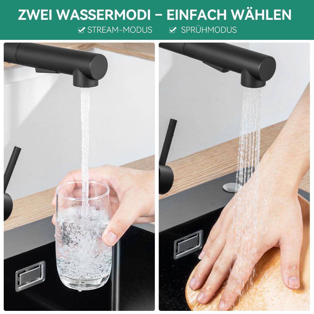 Cecipa Küchenarmatur Schwarz Ausziehbar, Wasserhahn Küche mit Brause, 360° Drehbar Spültischarmatur, L-Form, 304 Edelstahl, Einhandmischer, Schwarz